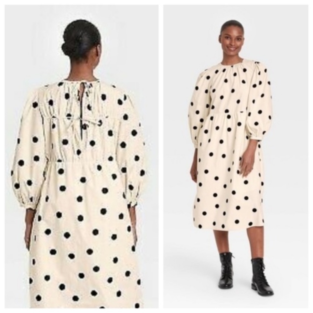 sold ➡️Who What Wear Polka Dot Balloon Long Sleeve Midi Dress Cream Black XXL